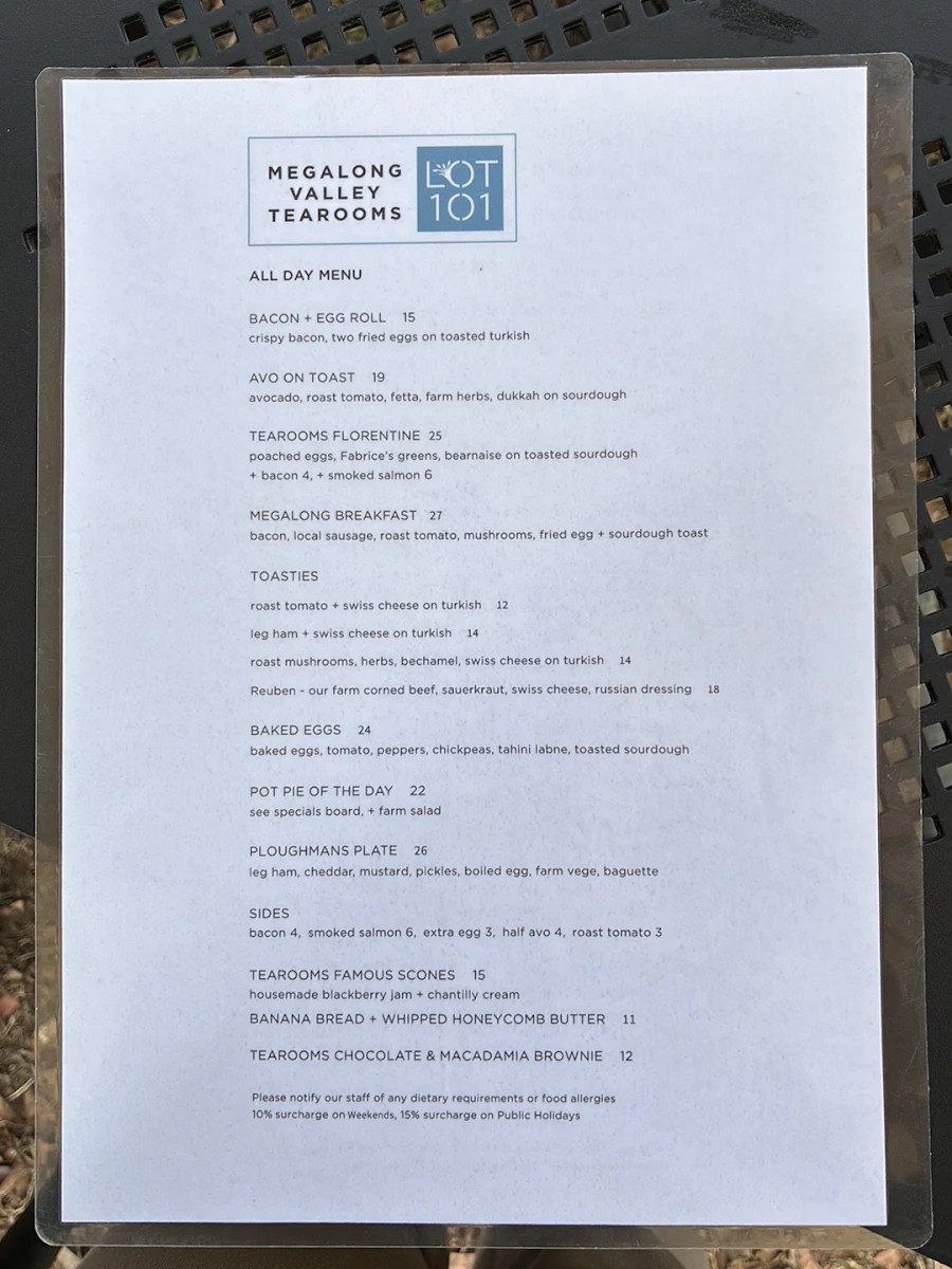 Menu, Megalong Valley Tea Rooms
