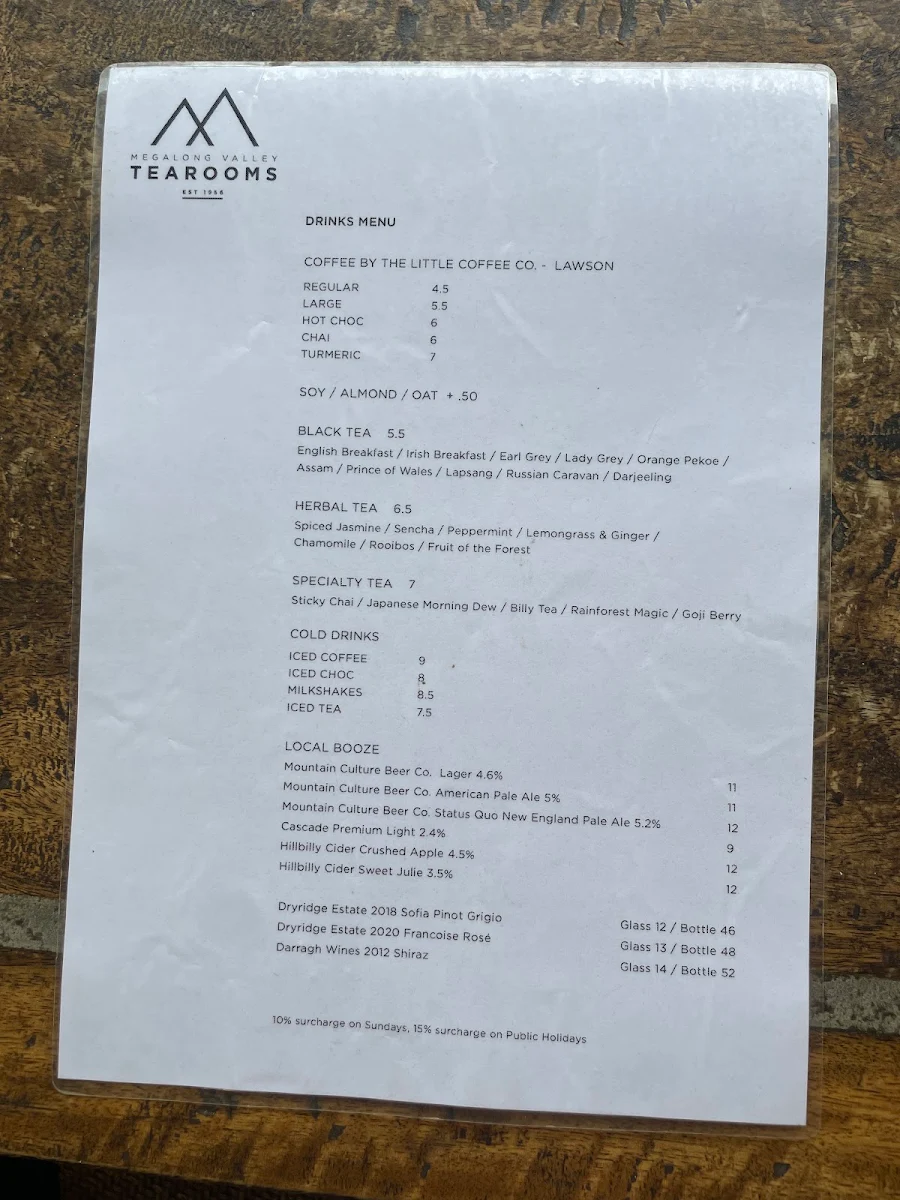Menu, Megalong Valley Tea Rooms