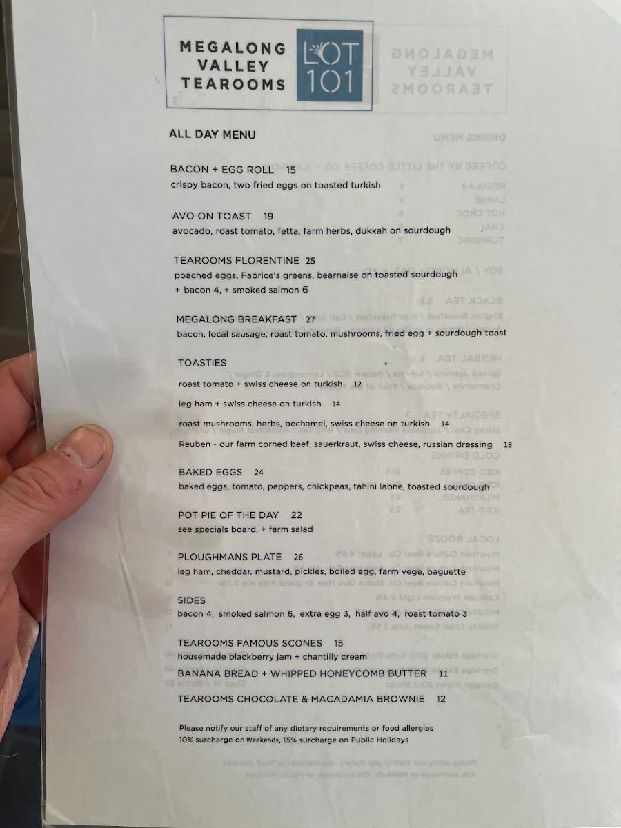 Menu, Megalong Valley Tea Rooms