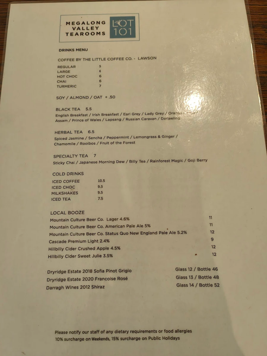 Menu, Megalong Valley Tea Rooms