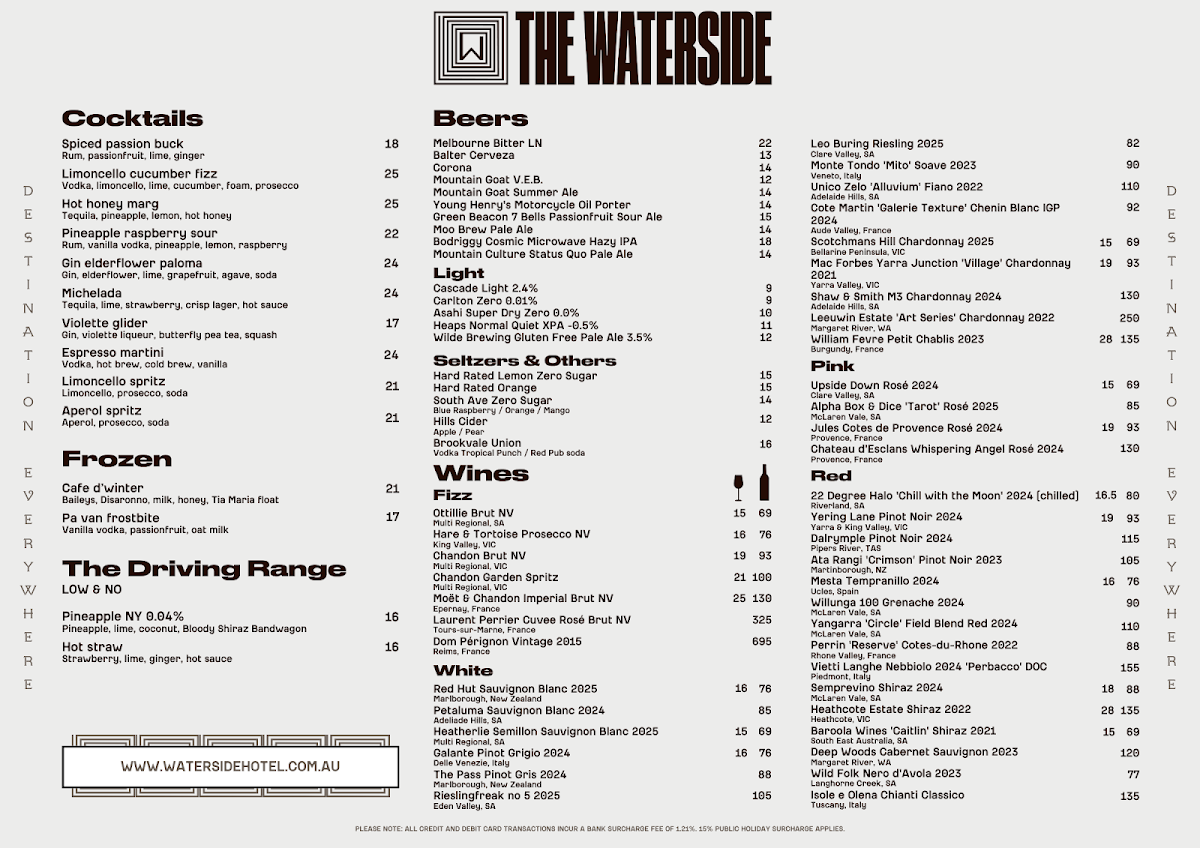 Menu, The Waterside Hotel