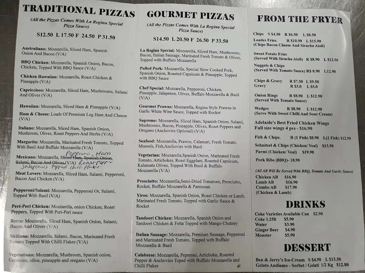 Menu, La Regina Pizzeria