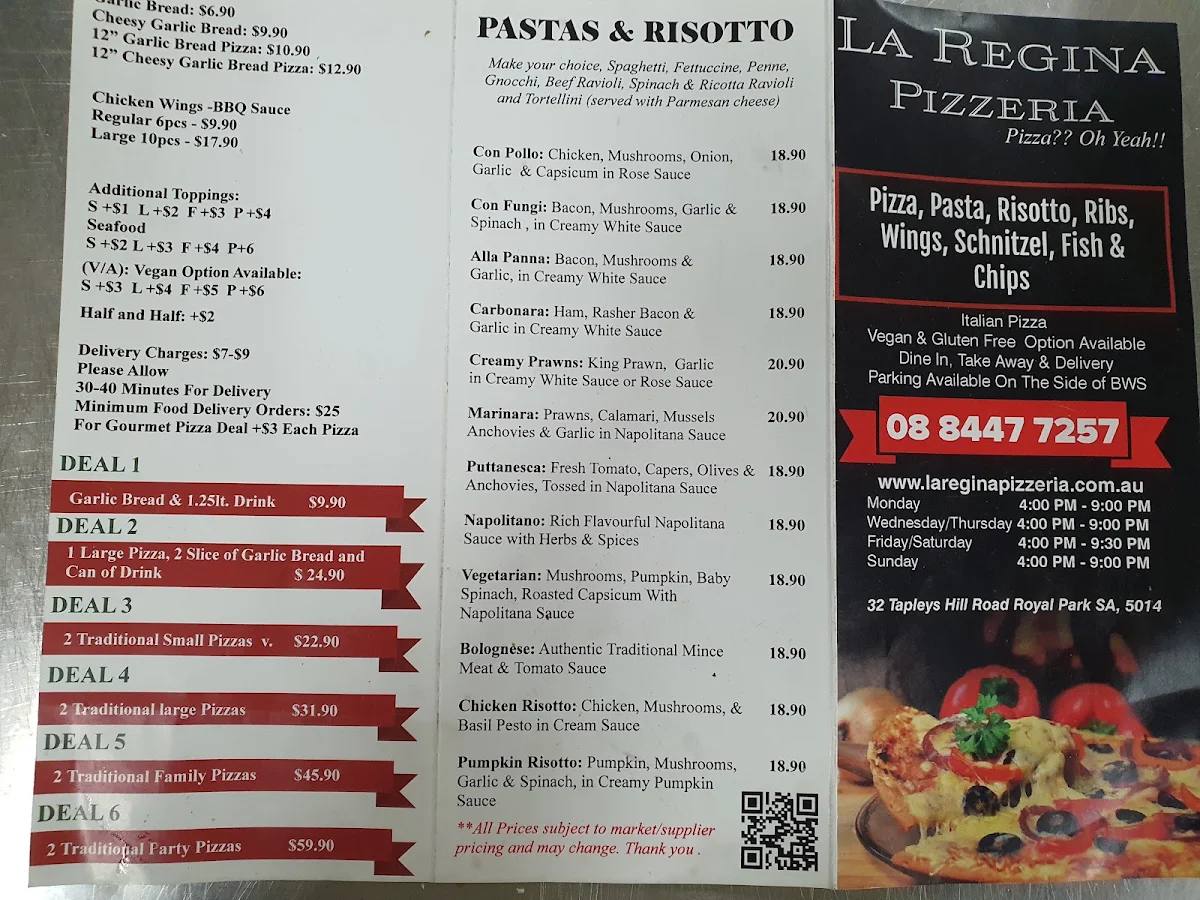 Menu, La Regina Pizzeria