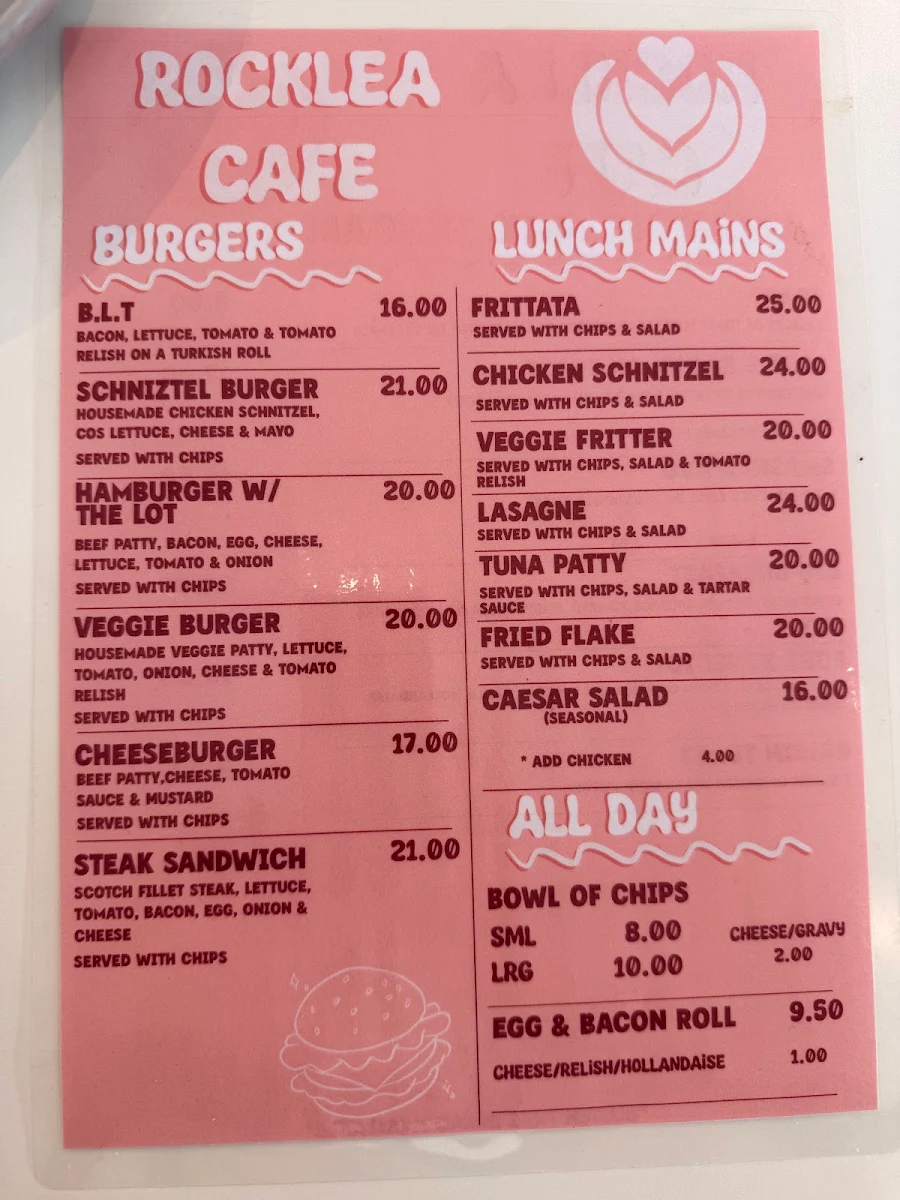 Menu, Rocklea Cafe
