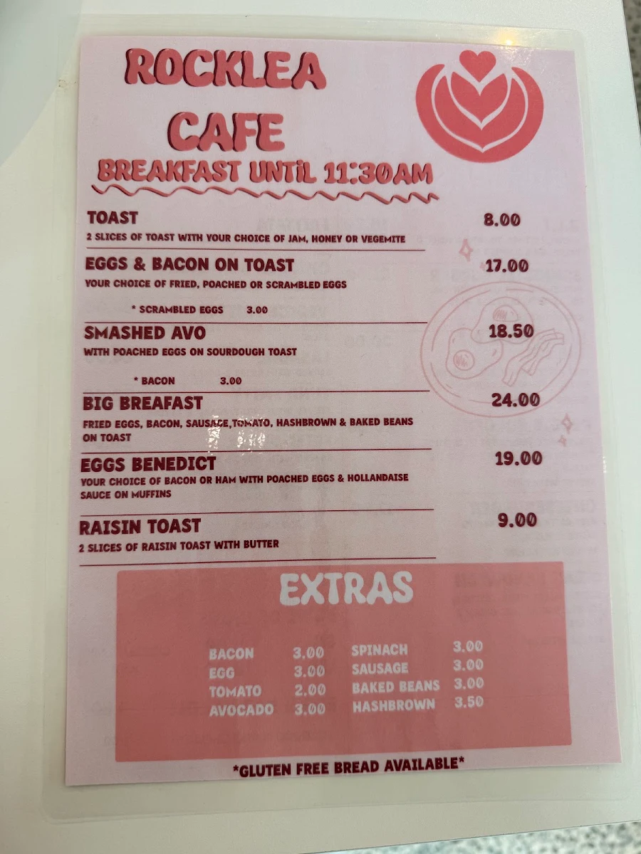 Menu, Rocklea Cafe