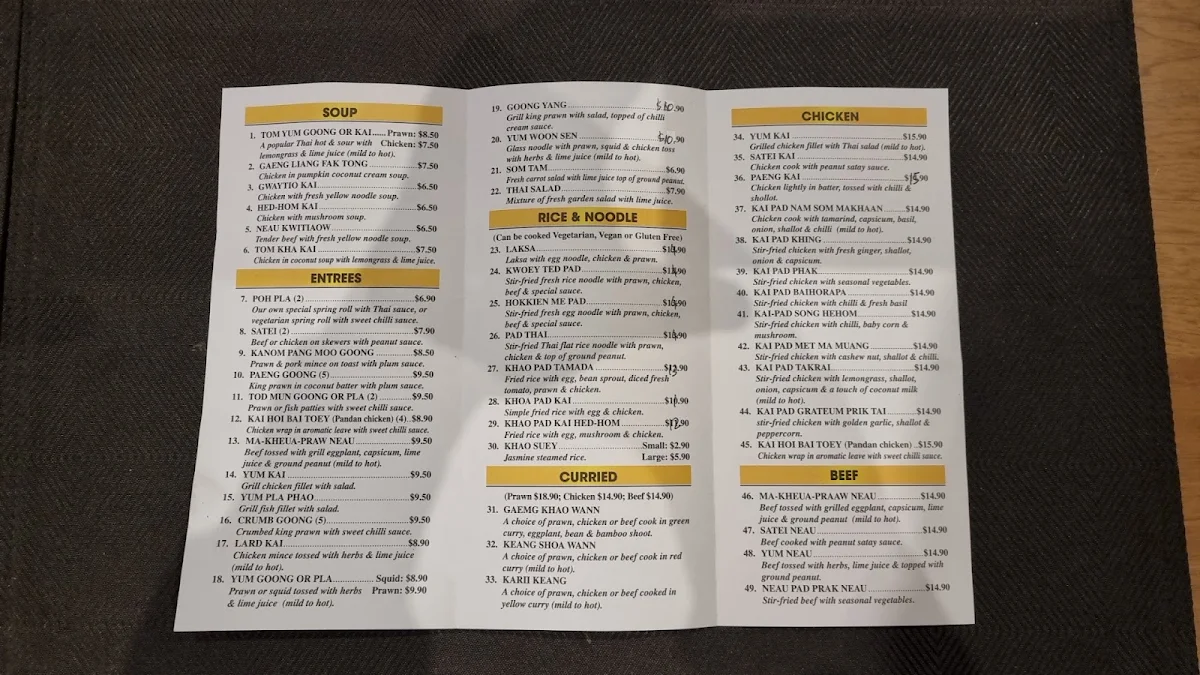 Menu, Khim Thai Restaurant
