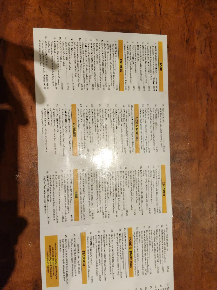 Menu, Khim Thai Restaurant