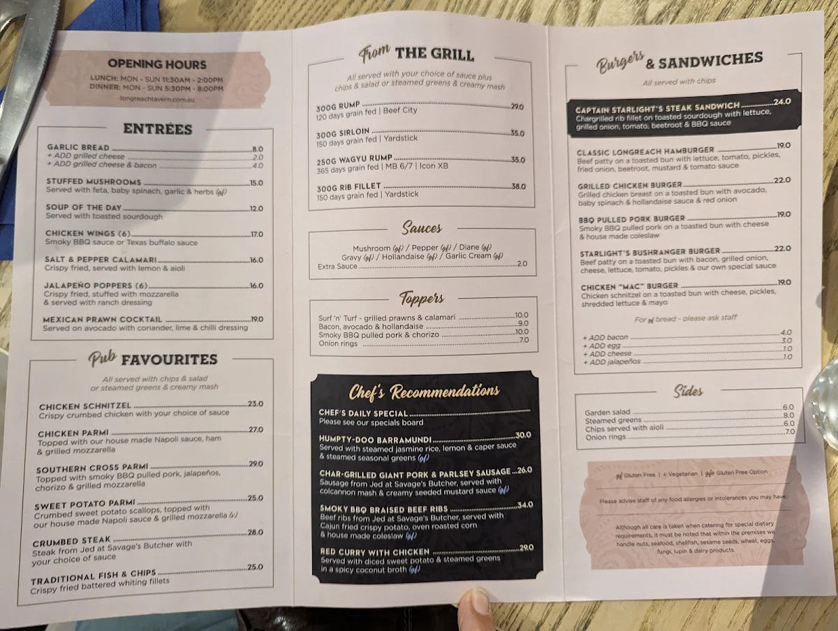 Menu, The Longreach Tavern