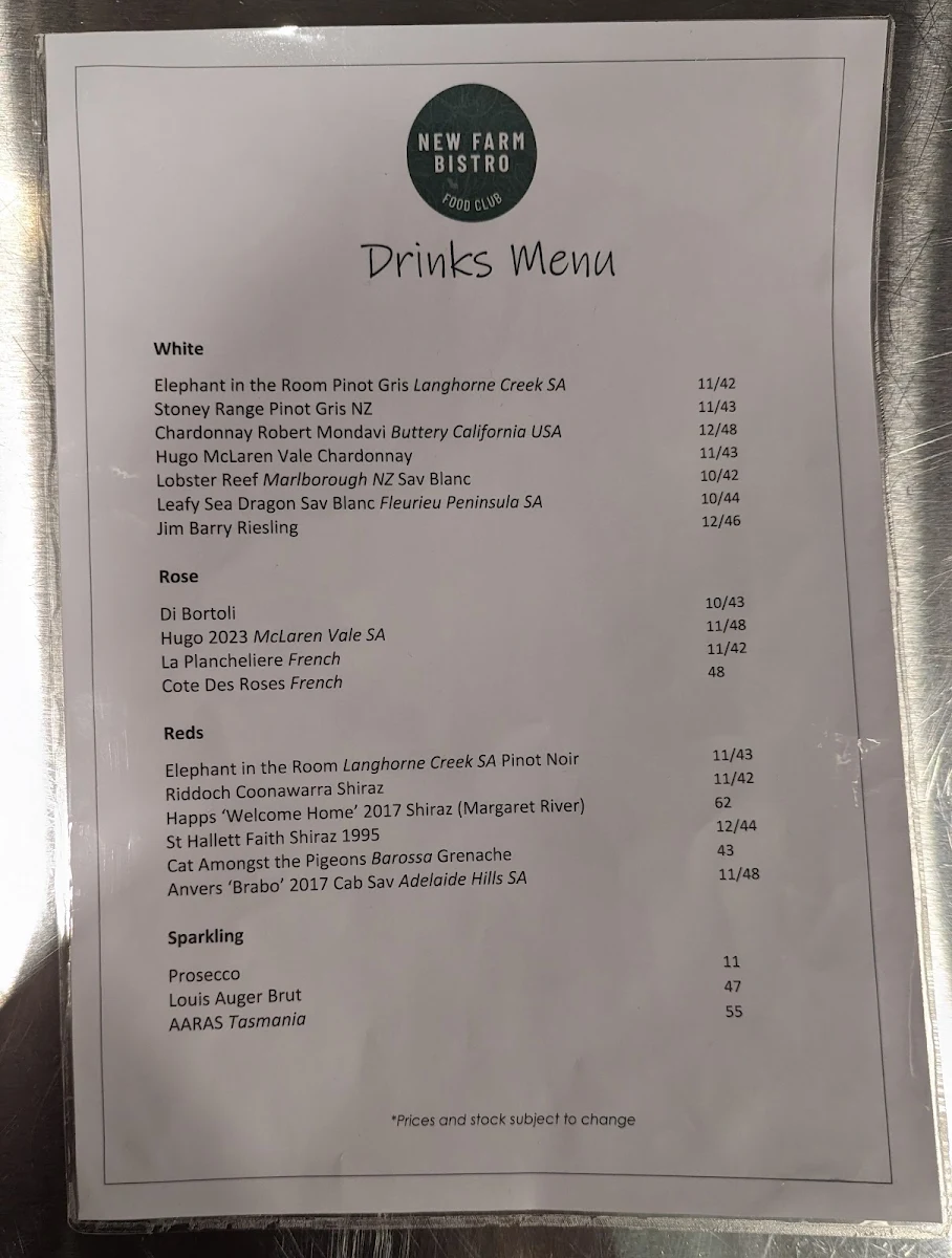 Menu, New Farm Bistro