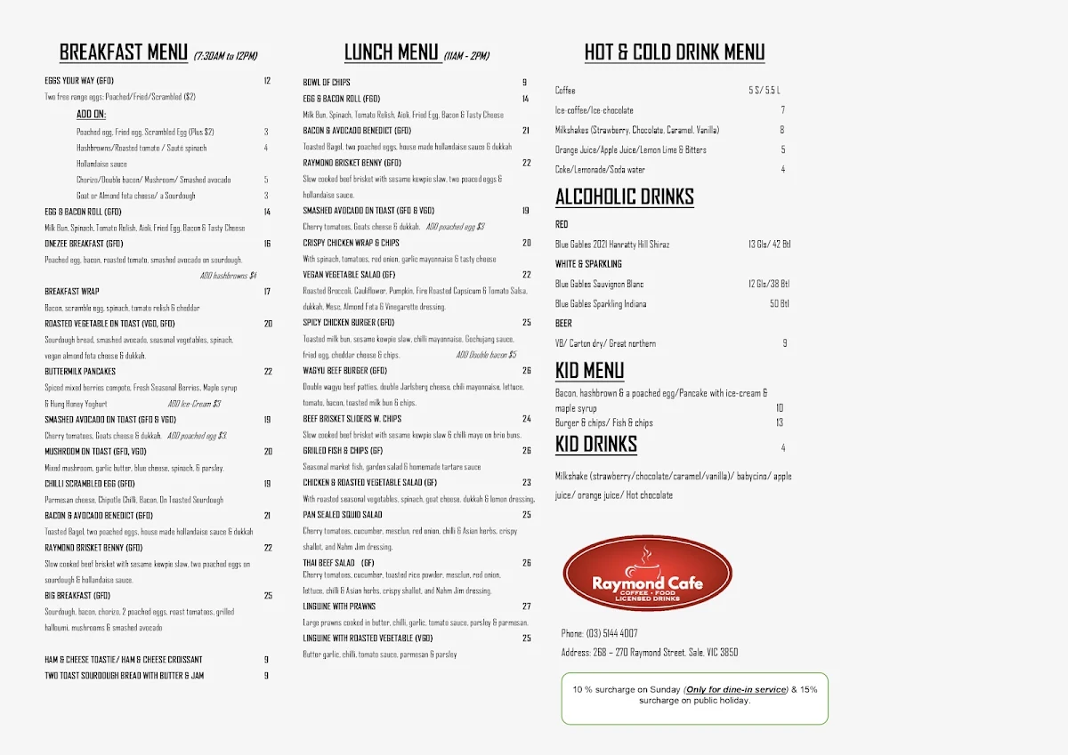 Menu, Raymond Cafe