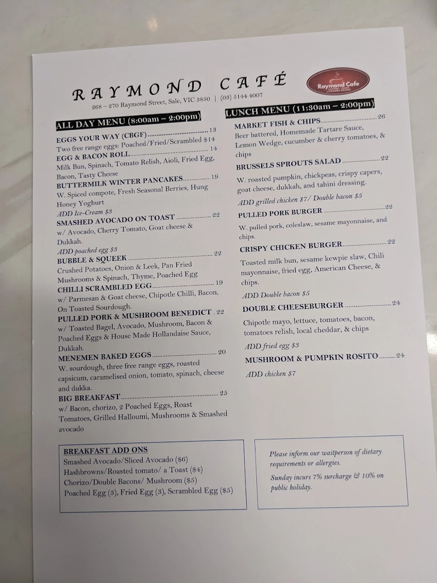 Menu, Raymond Cafe