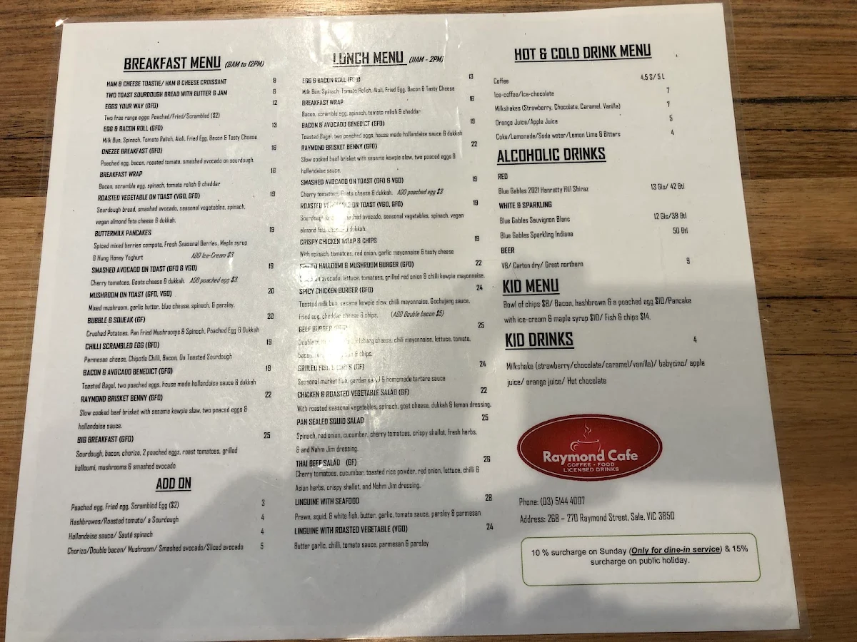 Menu, Raymond Cafe