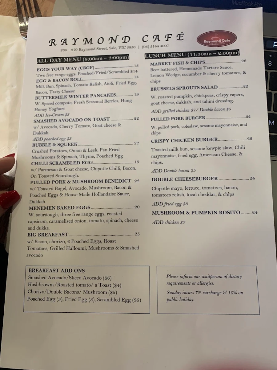 Menu, Raymond Cafe