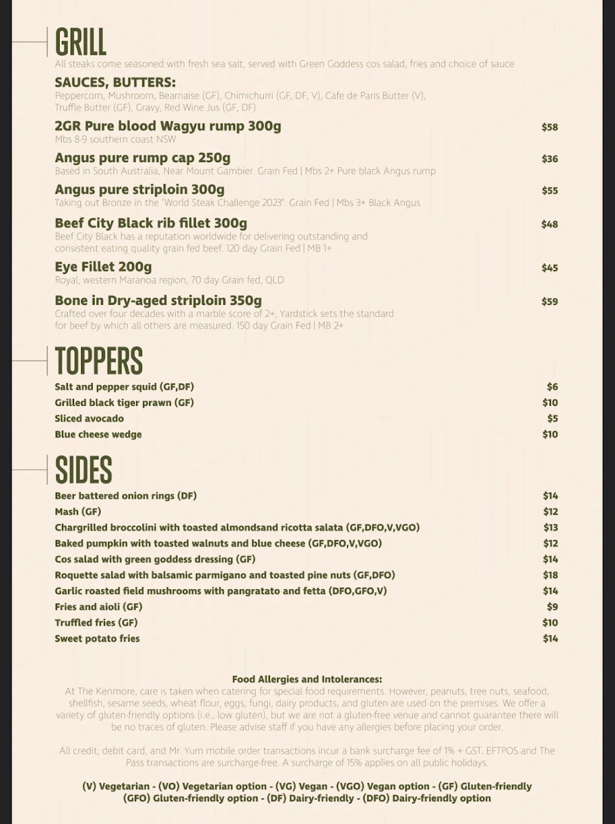 Menu, The Kenmore