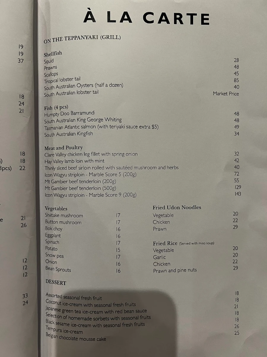 Menu, Shiki Japanese Restaurant