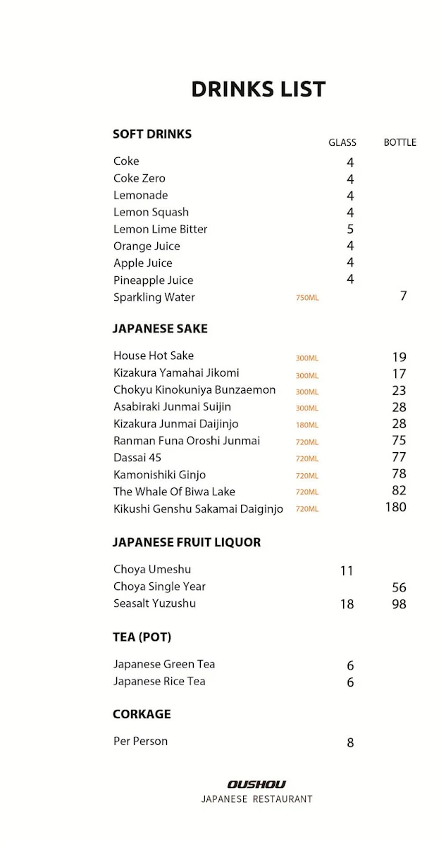 Menu, Oushou Japanese Restaurant Knox