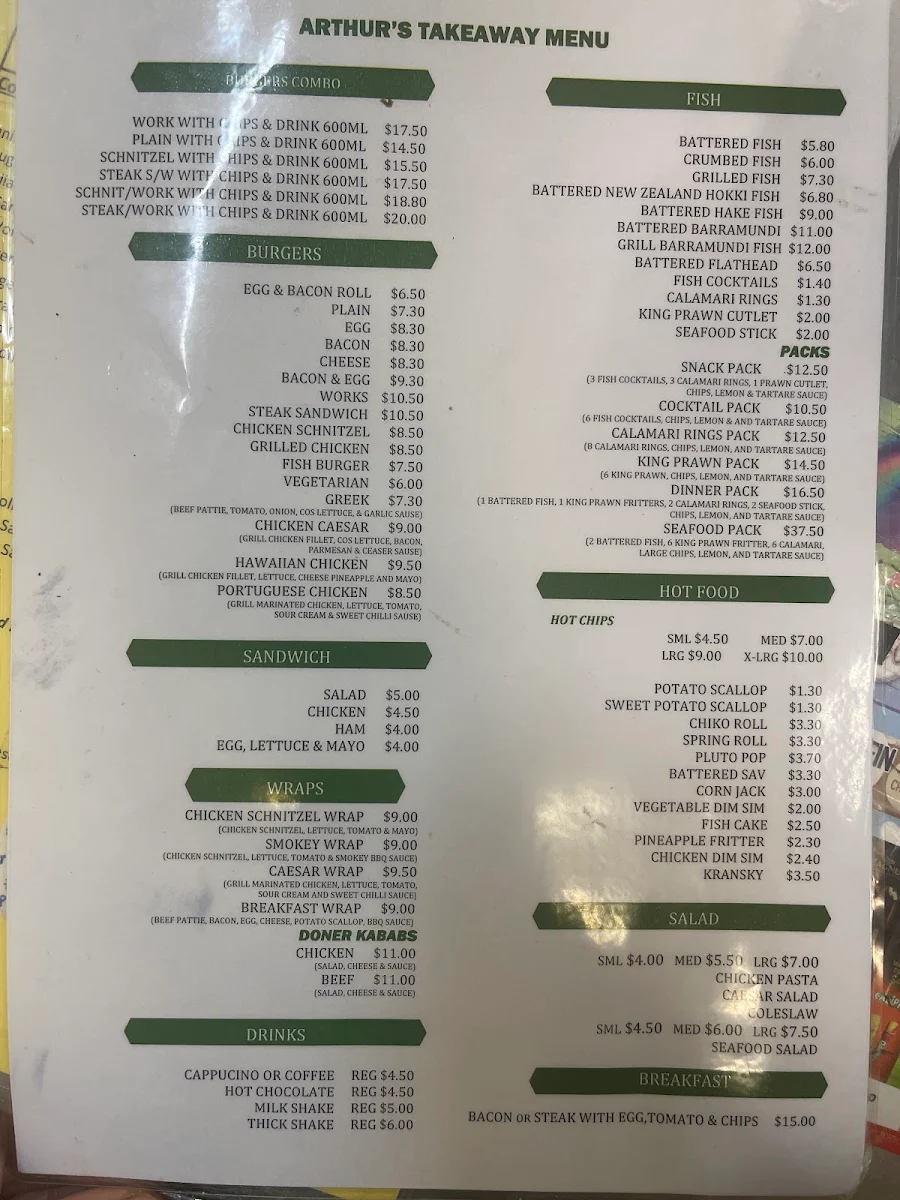 Menu, Arthur's Takeaway