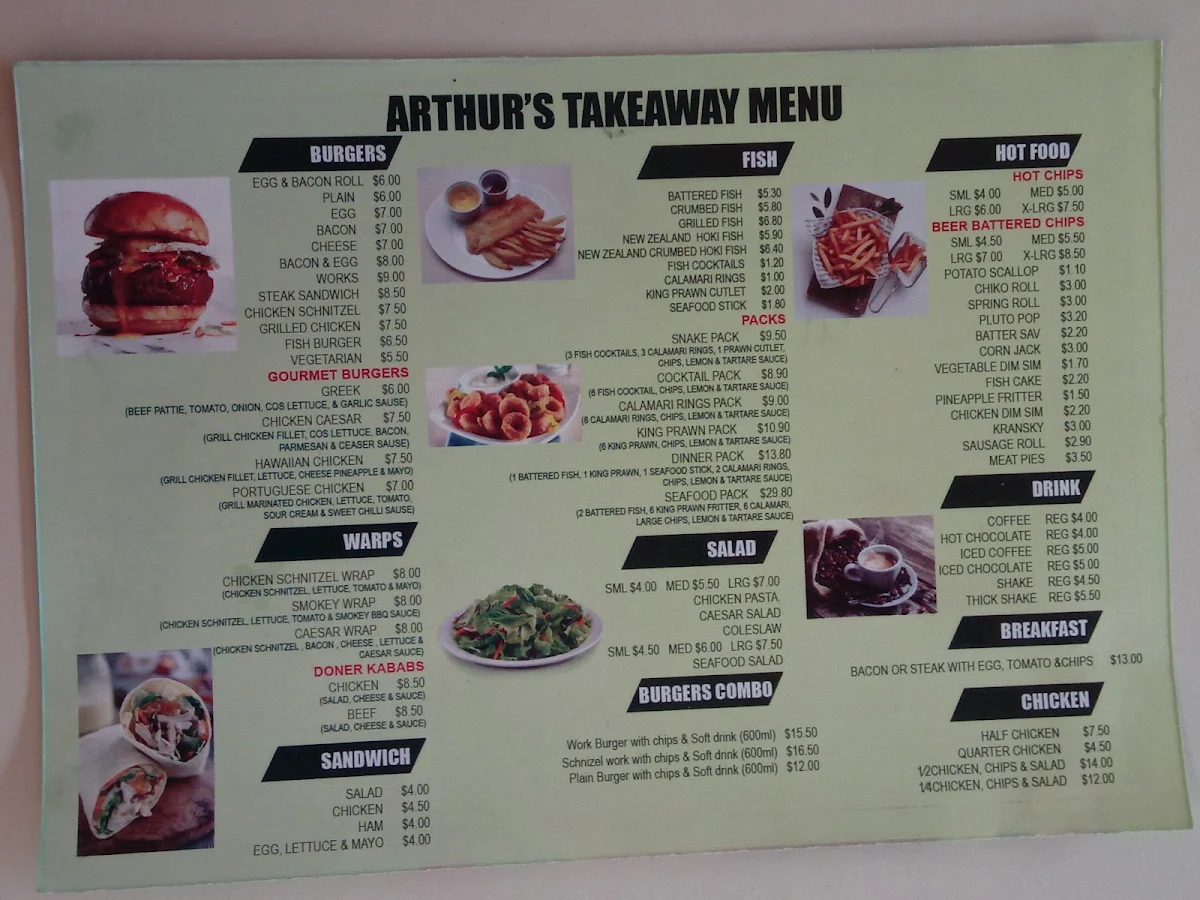Menu, Arthur's Takeaway