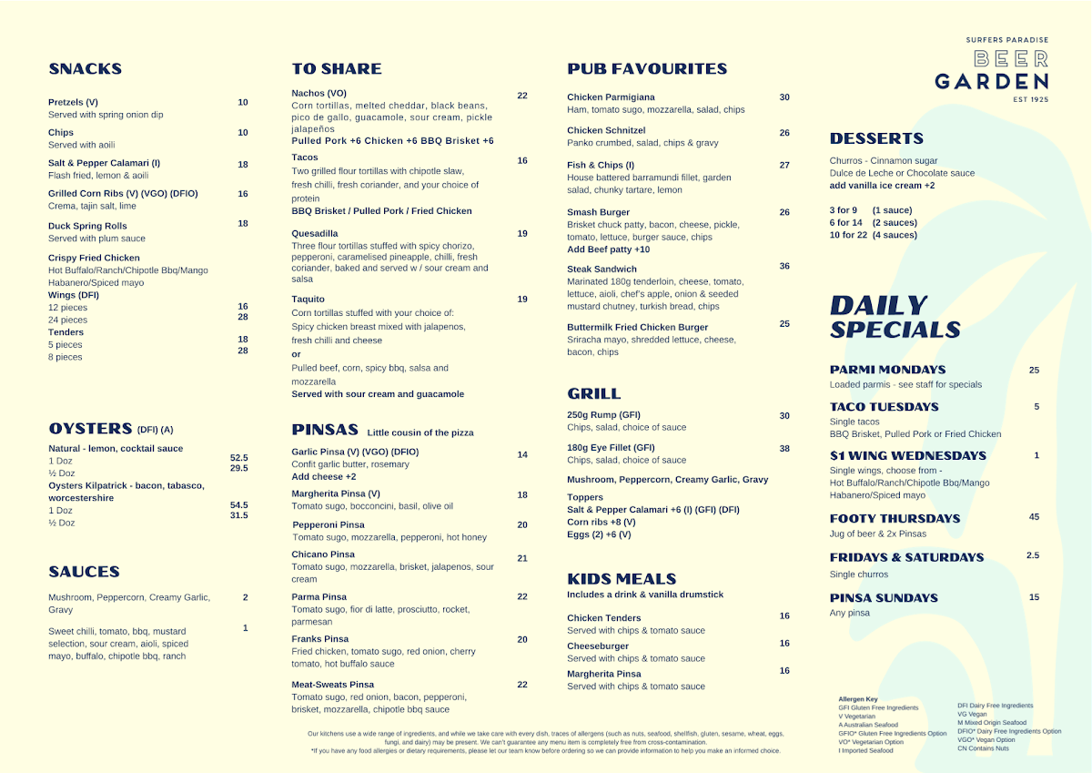 Menu, Surfers Paradise Beergarden
