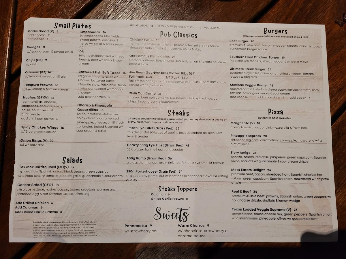 Menu, Surfers Paradise Beergarden