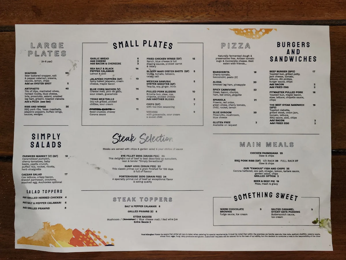 Menu, Surfers Paradise Beergarden