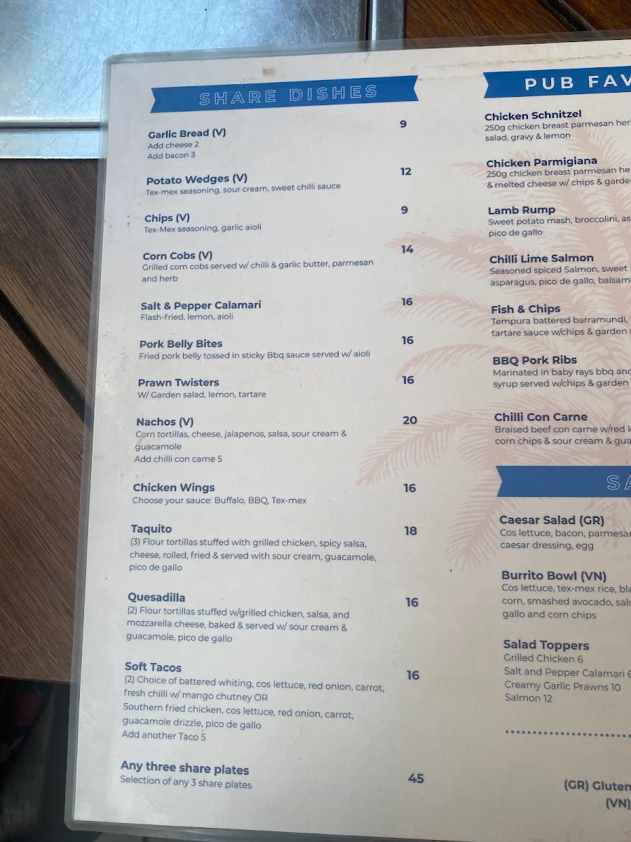 Menu, Surfers Paradise Beergarden