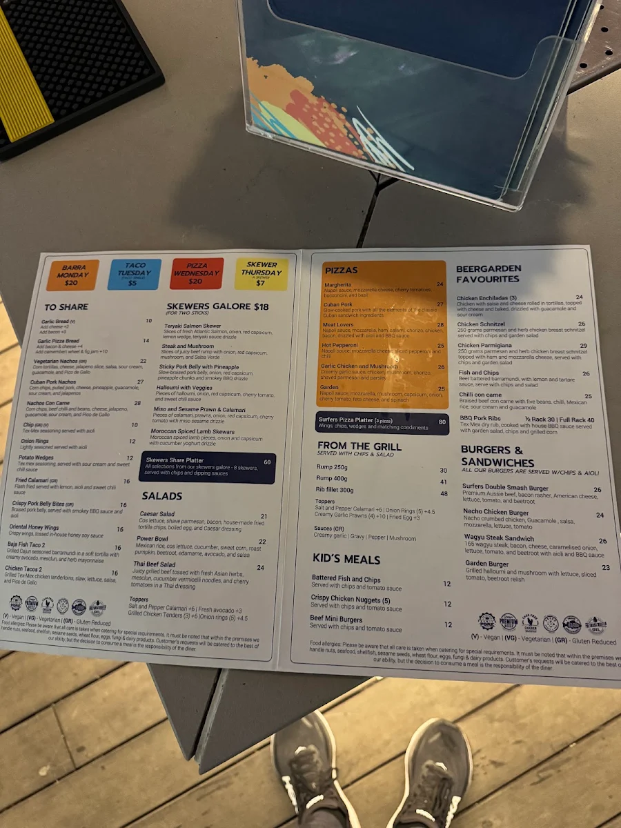 Menu, Surfers Paradise Beergarden