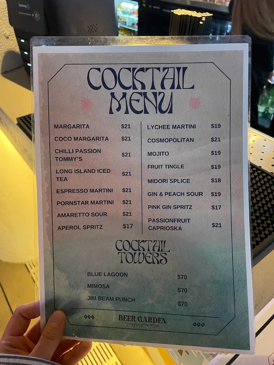 Menu, Surfers Paradise Beergarden