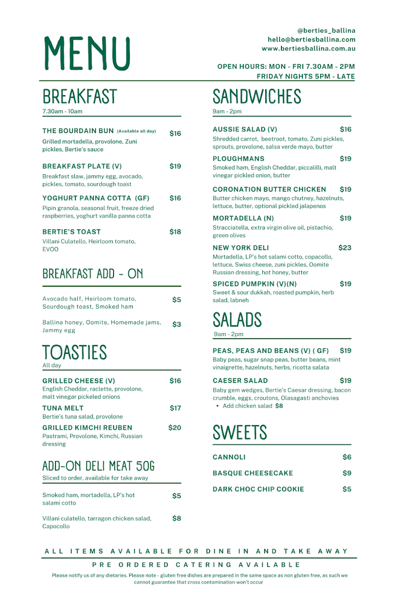 Menu, Bertie's food and drink