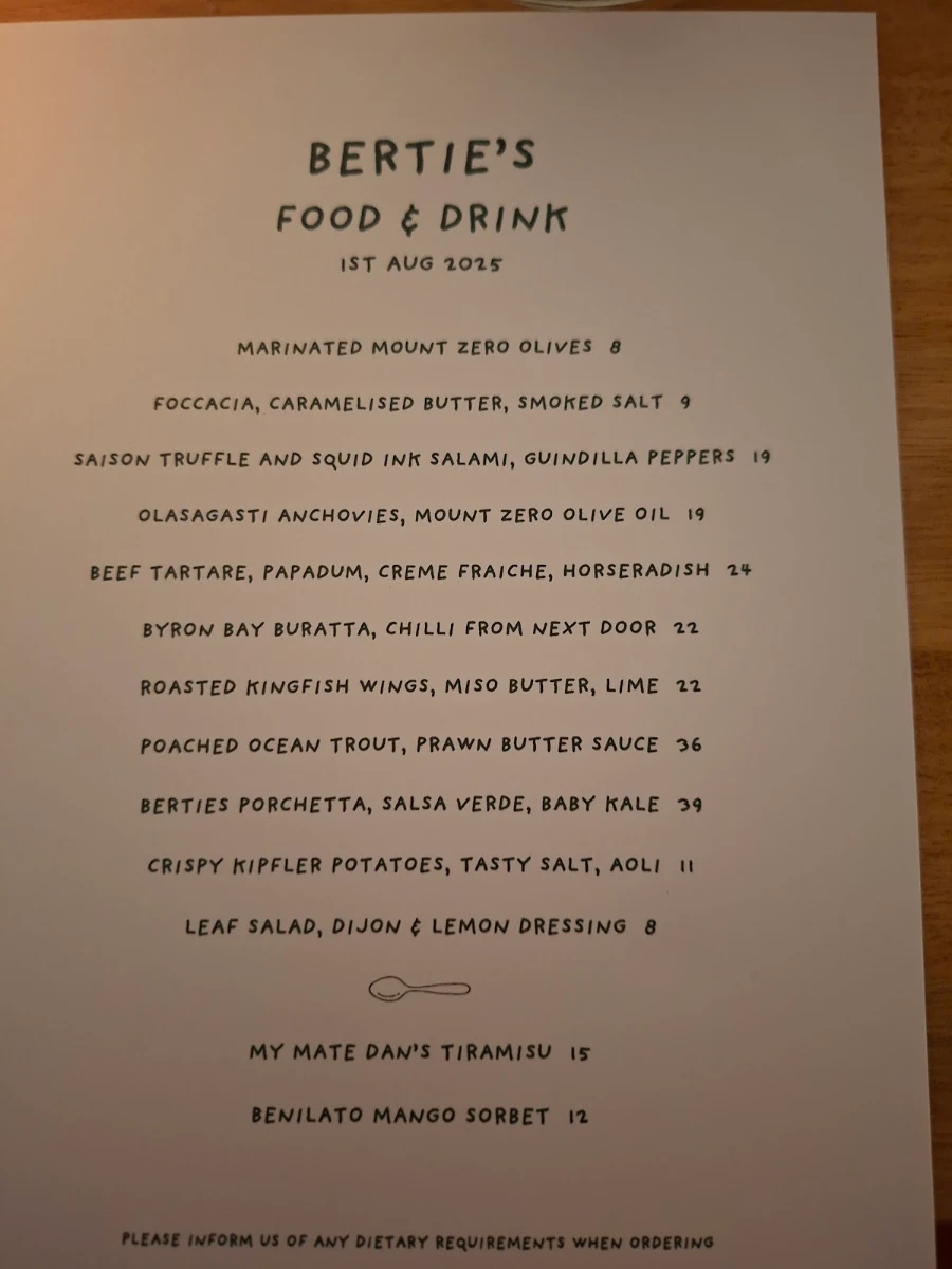 Menu, Bertie's food and drink