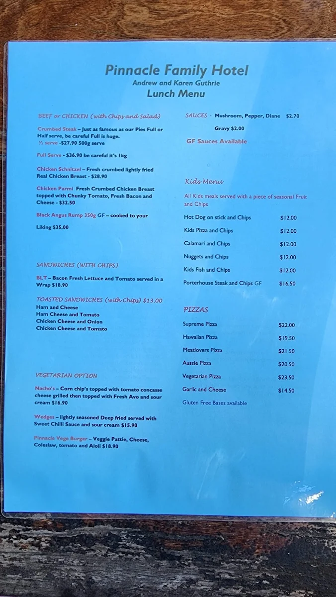 Menu, Pinnacle Family Hotel