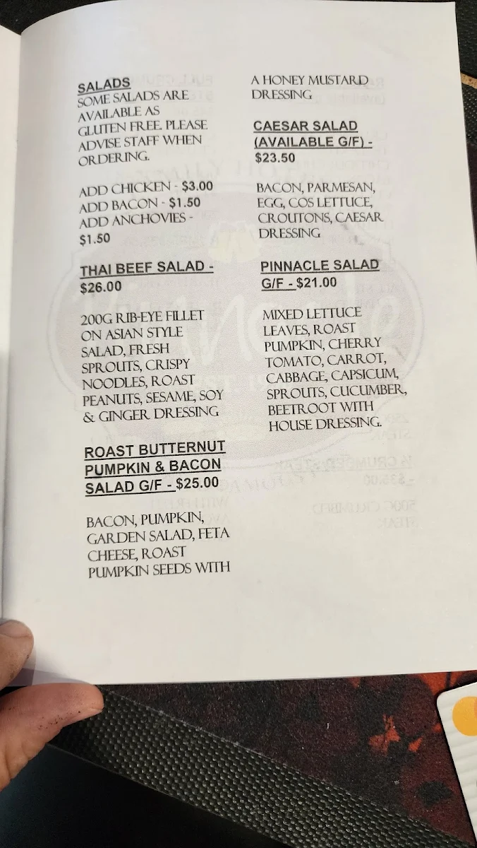Menu, Pinnacle Family Hotel