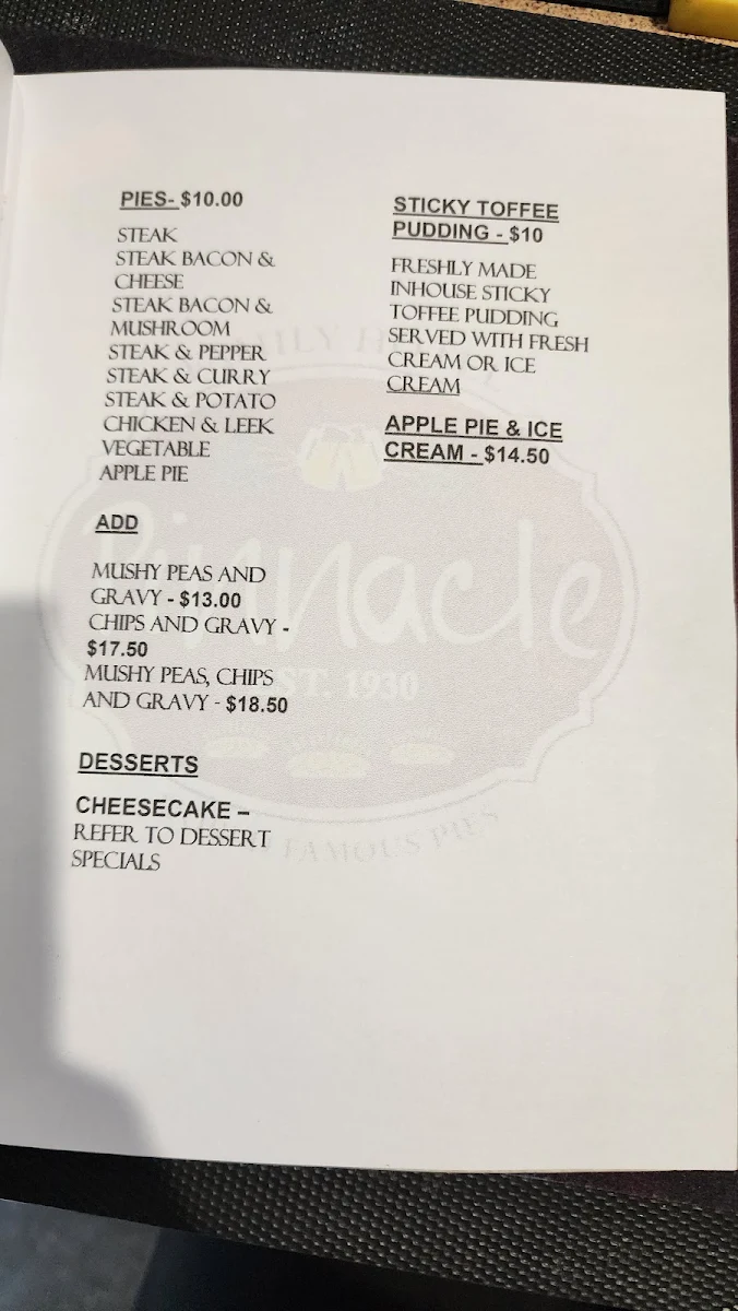 Menu, Pinnacle Family Hotel