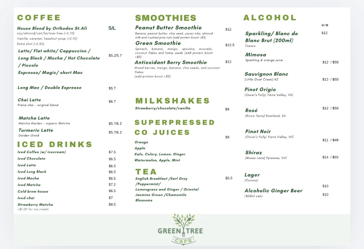 Menu, Green tree cafe
