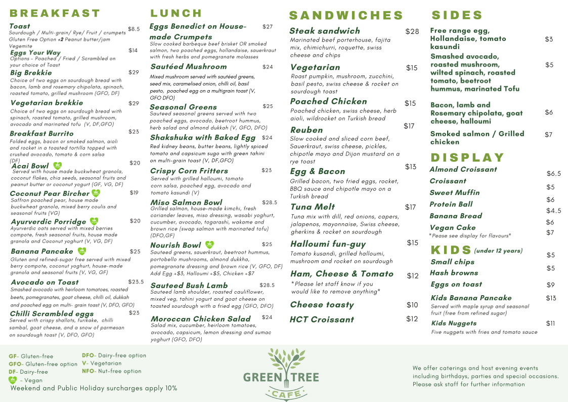 Menu, Green tree cafe