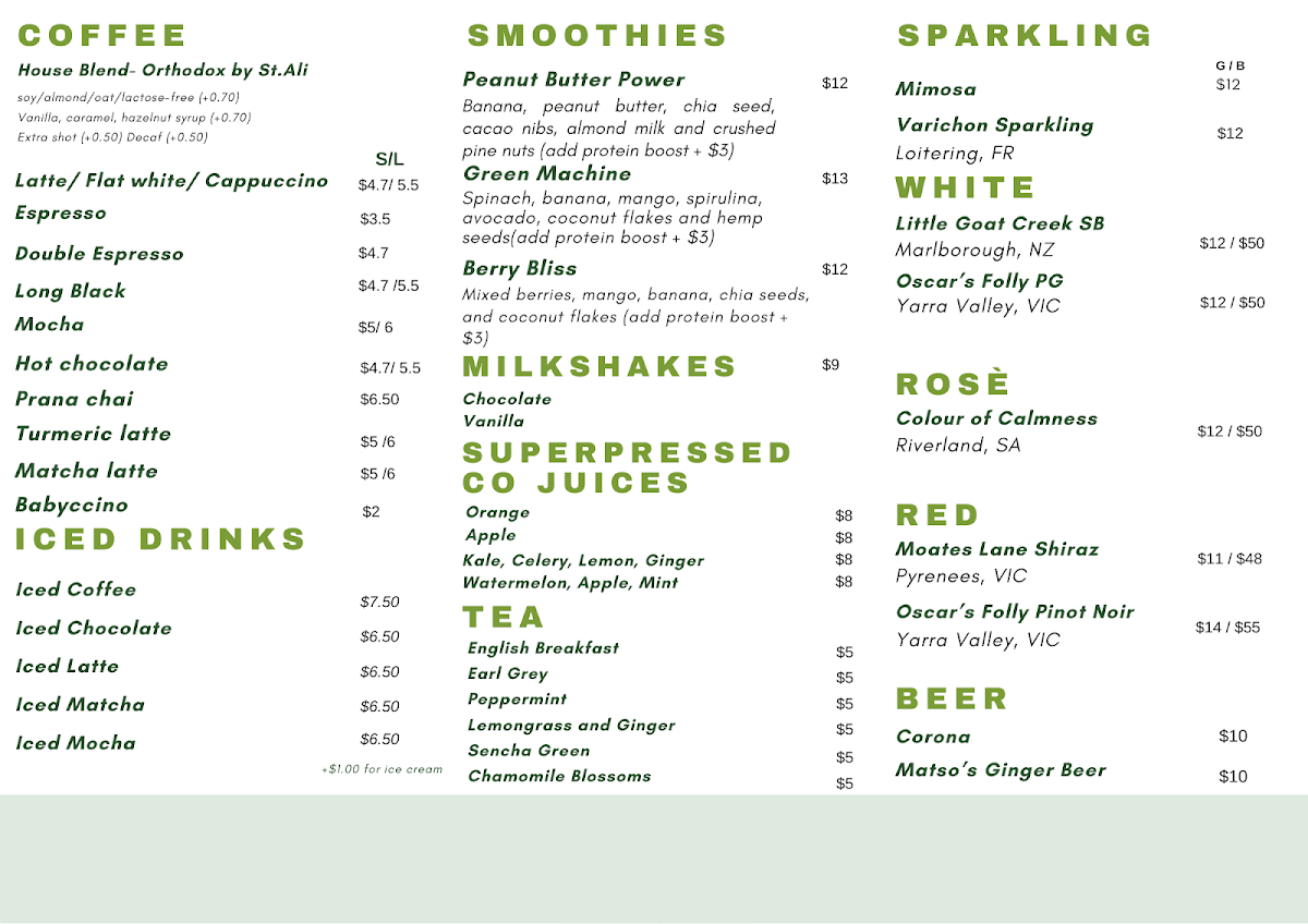 Menu, Green tree cafe