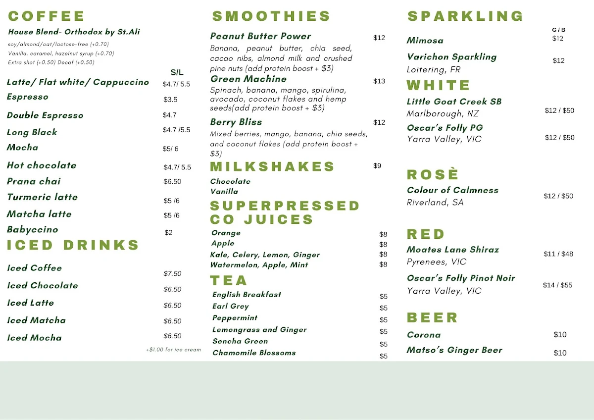 Menu, Green tree cafe