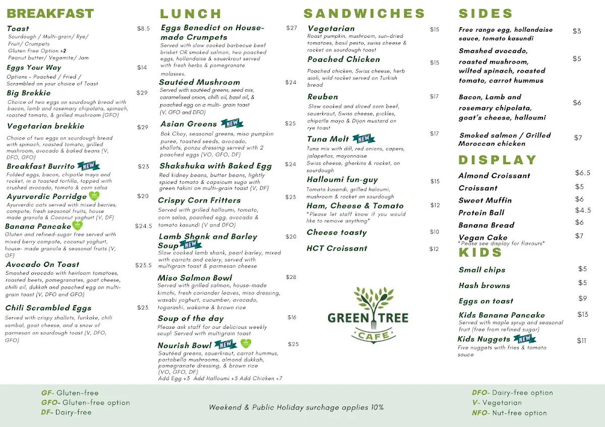 Menu, Green tree cafe