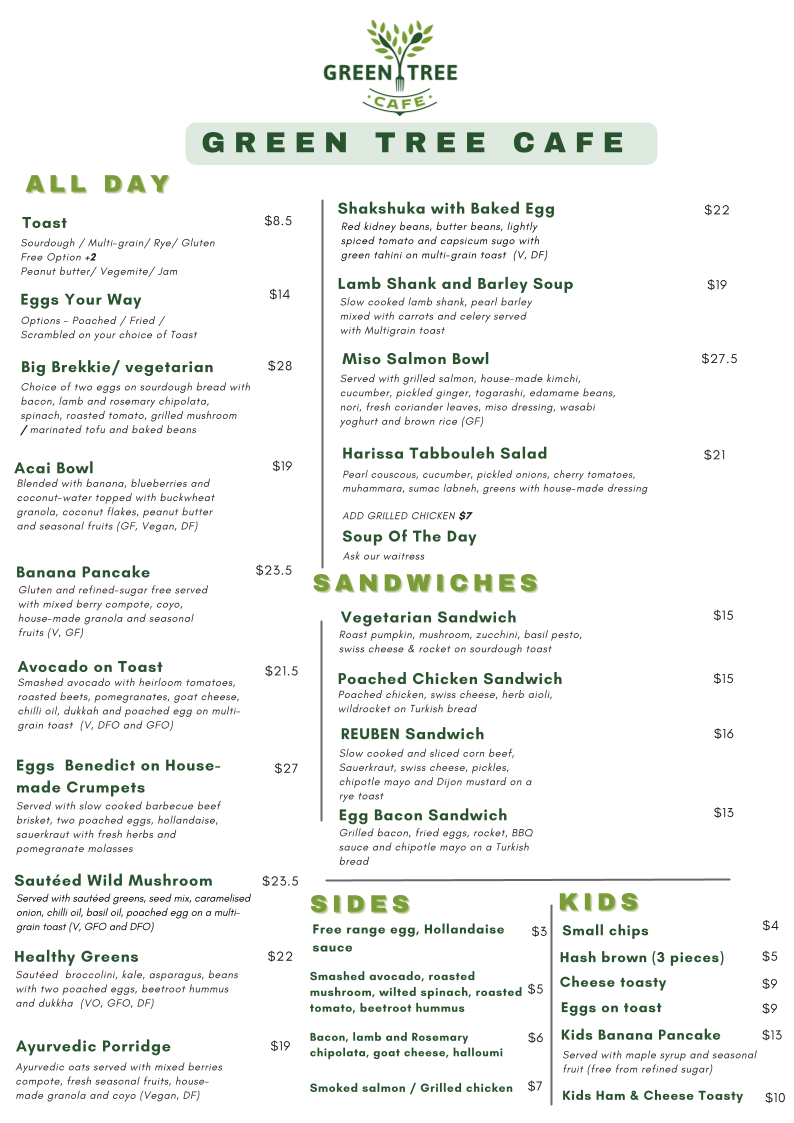 Menu, Green tree cafe