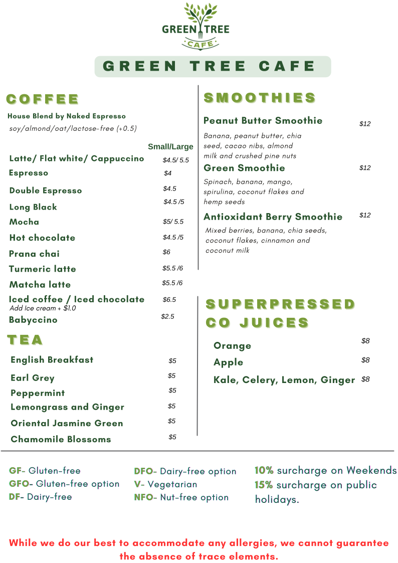 Menu, Green tree cafe