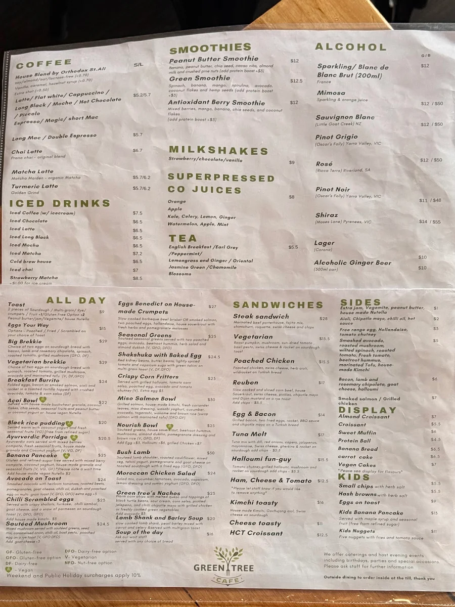 Menu, Green tree cafe