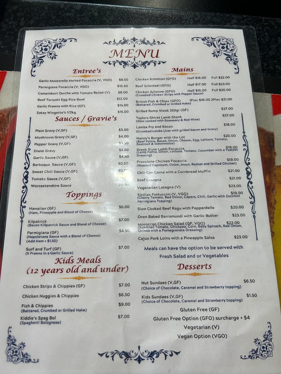 Menu, Hannahville Hotel