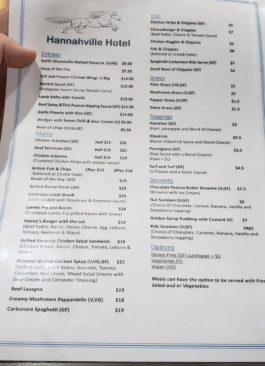 Menu, Hannahville Hotel