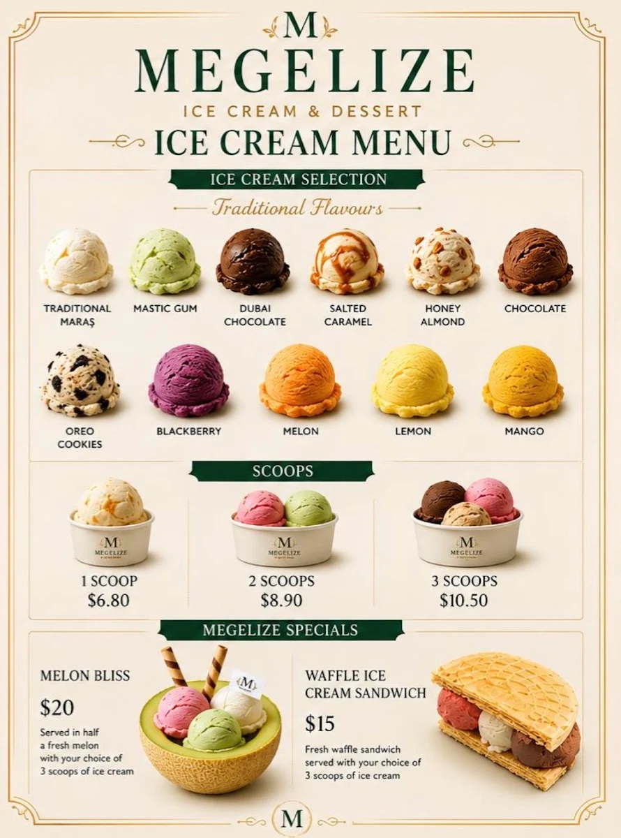 Menu, Megelize Icecream & Dessert