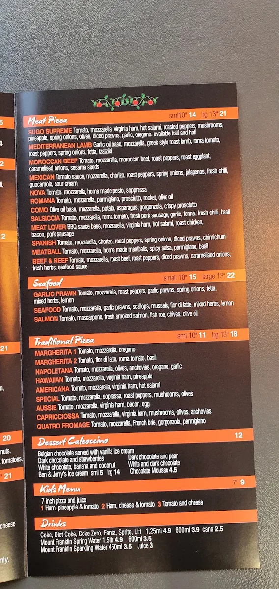 Menu, Sugo Gourmet Pizza Bar