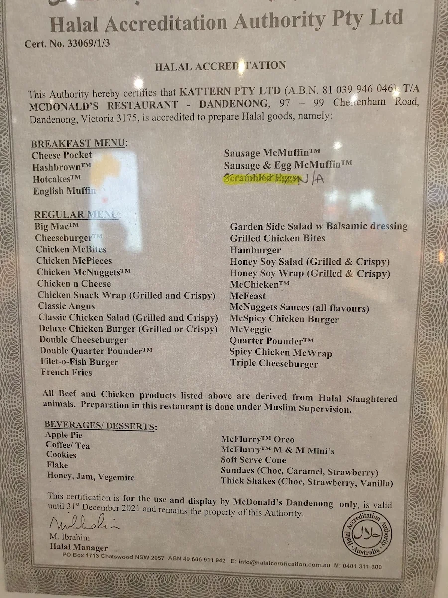 Menu, McDonald's Dandenong
