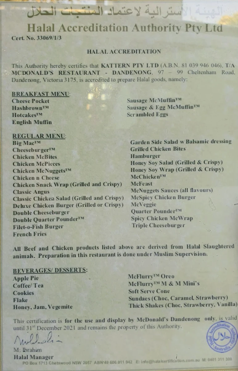 Menu, McDonald's Dandenong