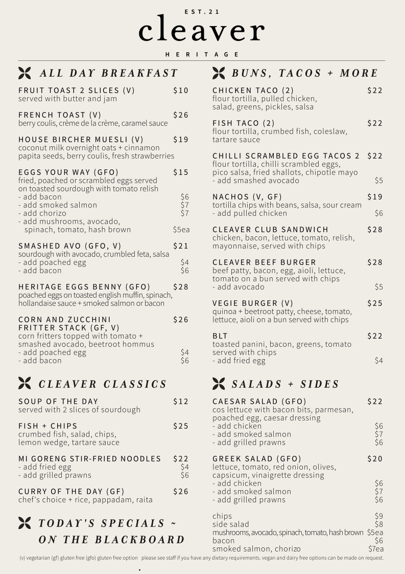 Menu, Cleaver Heritage Cafe