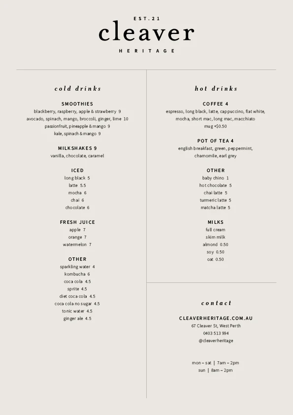 Menu, Cleaver Heritage Cafe