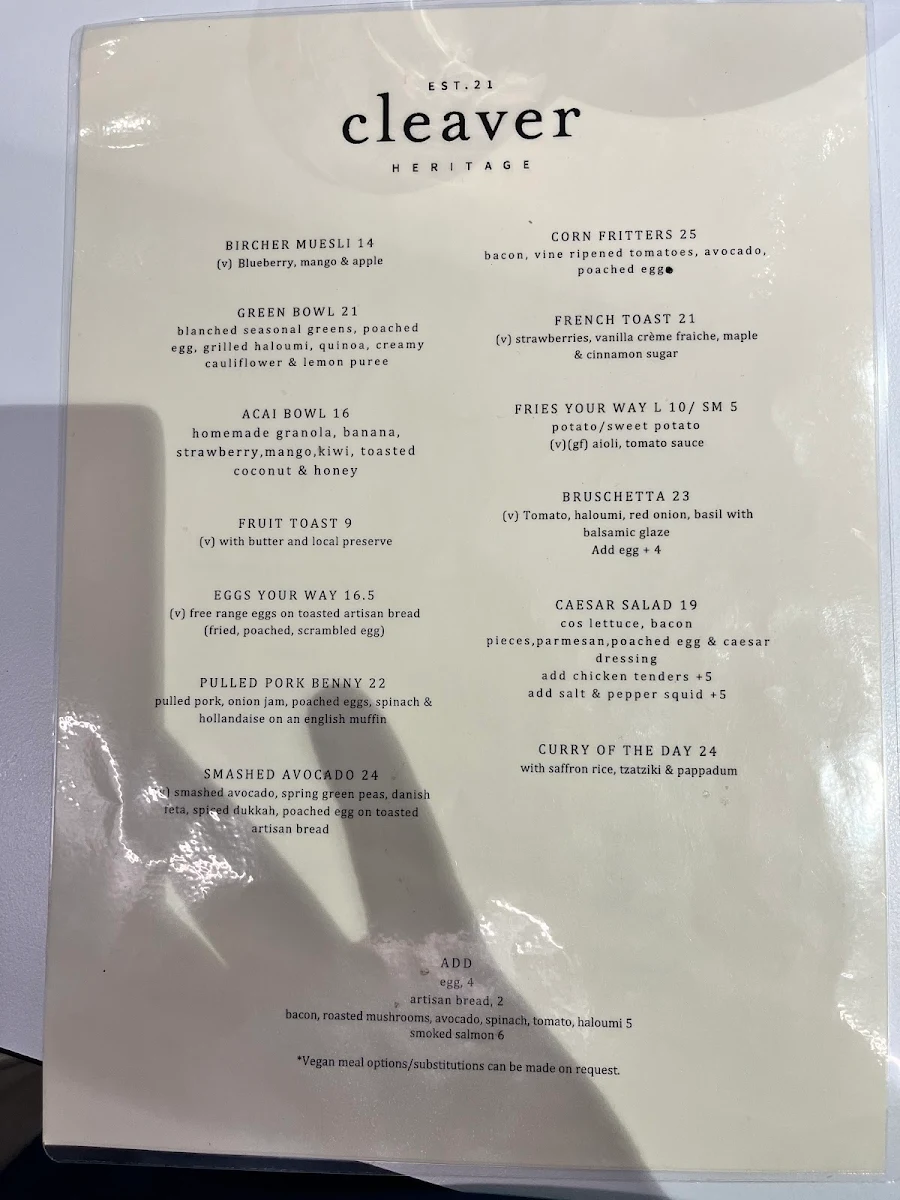 Menu, Cleaver Heritage Cafe